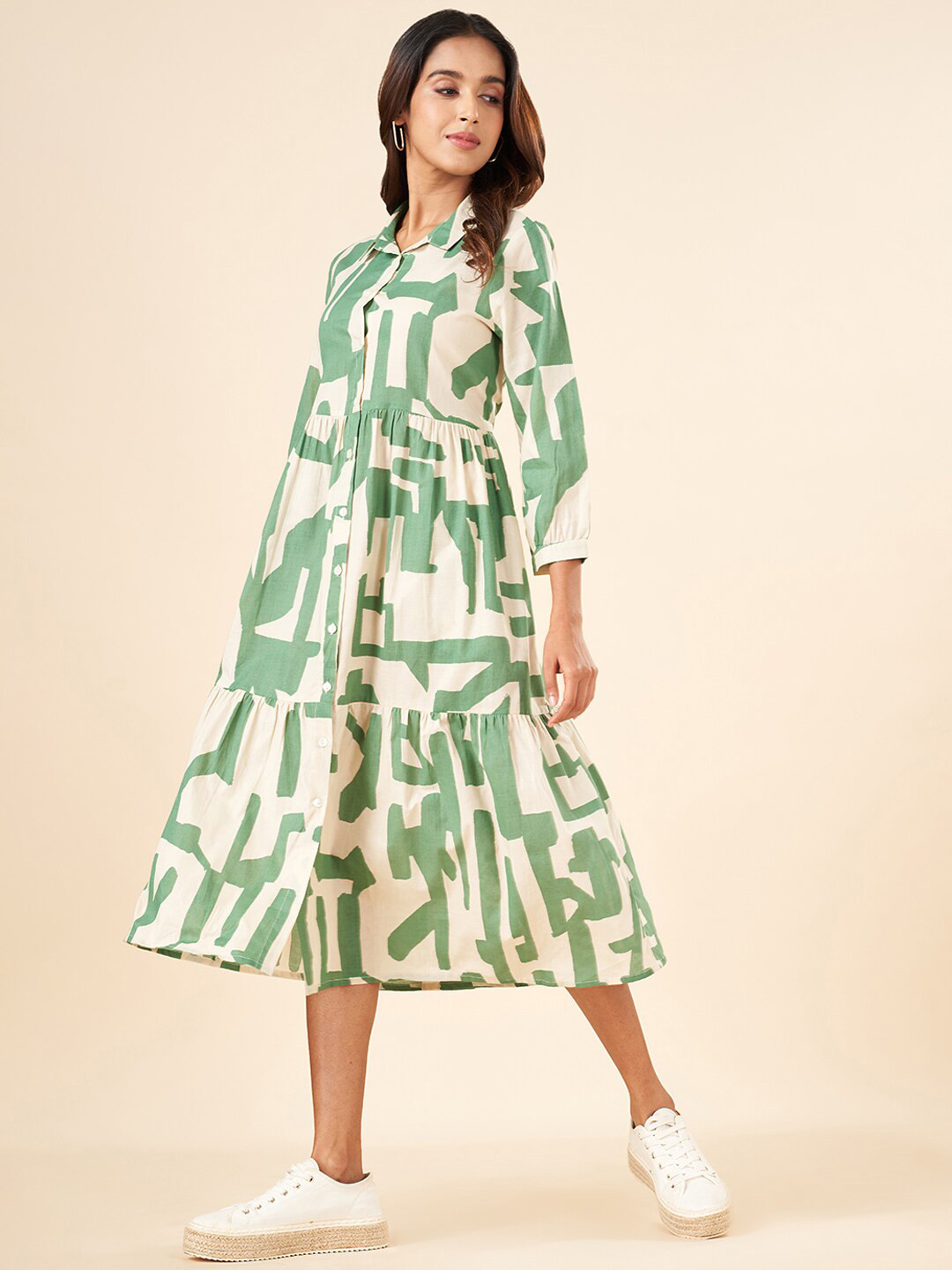 

AKKRITI BY PANTALOONS Tropical Printed A-Line Midi Dress, Olive