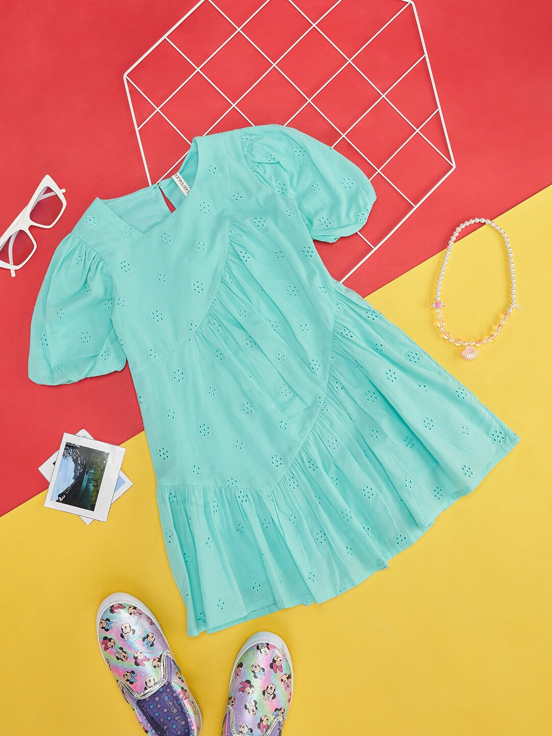 

Pantaloons Junior Girls Self Design Puff Sleeves Cotton A-Line Dress, Blue