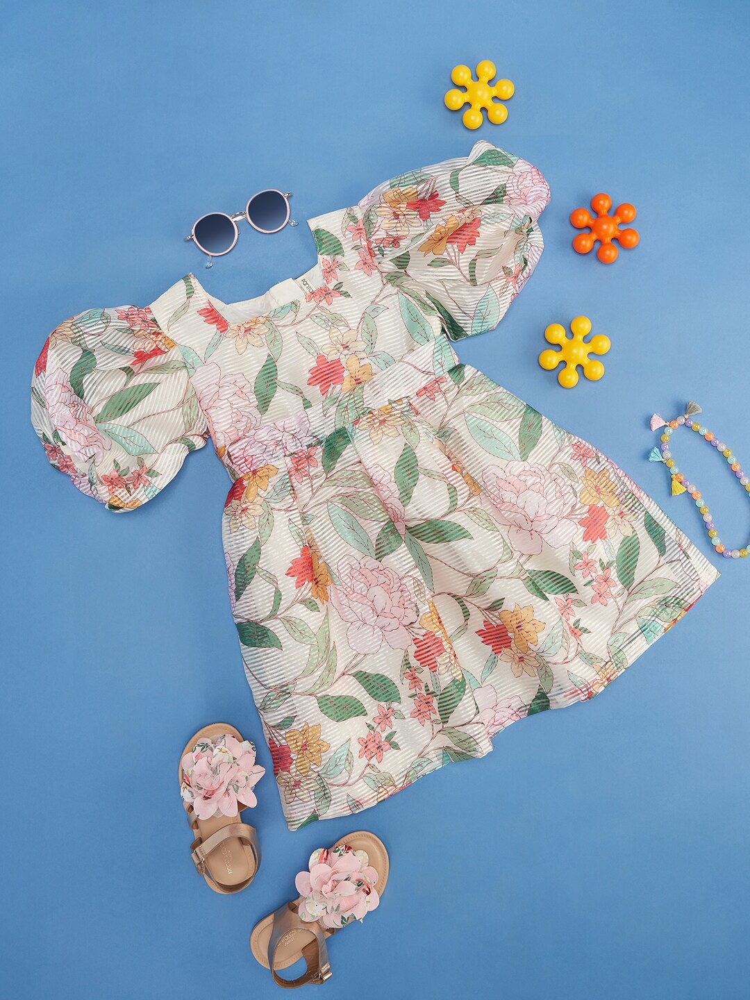 

Pantaloons Junior Girls Floral Printed Flutter Sleeve Fit & Flare Dress, Green