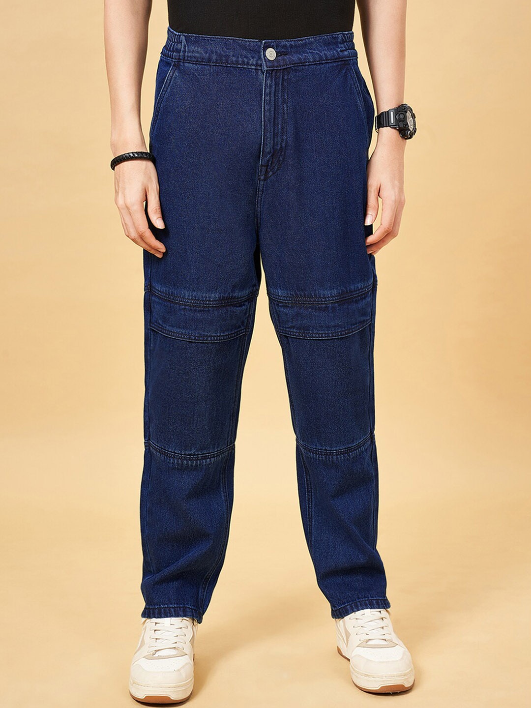 

People Men Relaxed Fit High Rise Clean Look Pure Cotton Jeans, Blue
