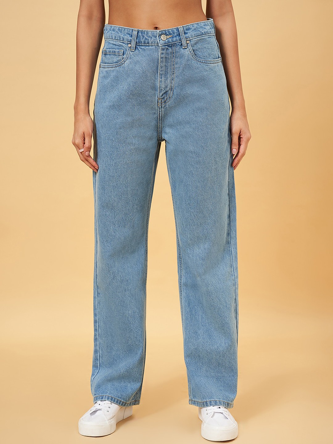 

People Women Straight Fit Mid Rise Clean Look Cotton Jeans, Blue