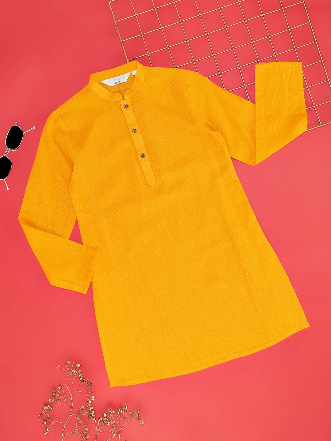

indus route by Pantaloons Boys Mandarin Collar Cotton Dobby Straight Kurta, Mustard