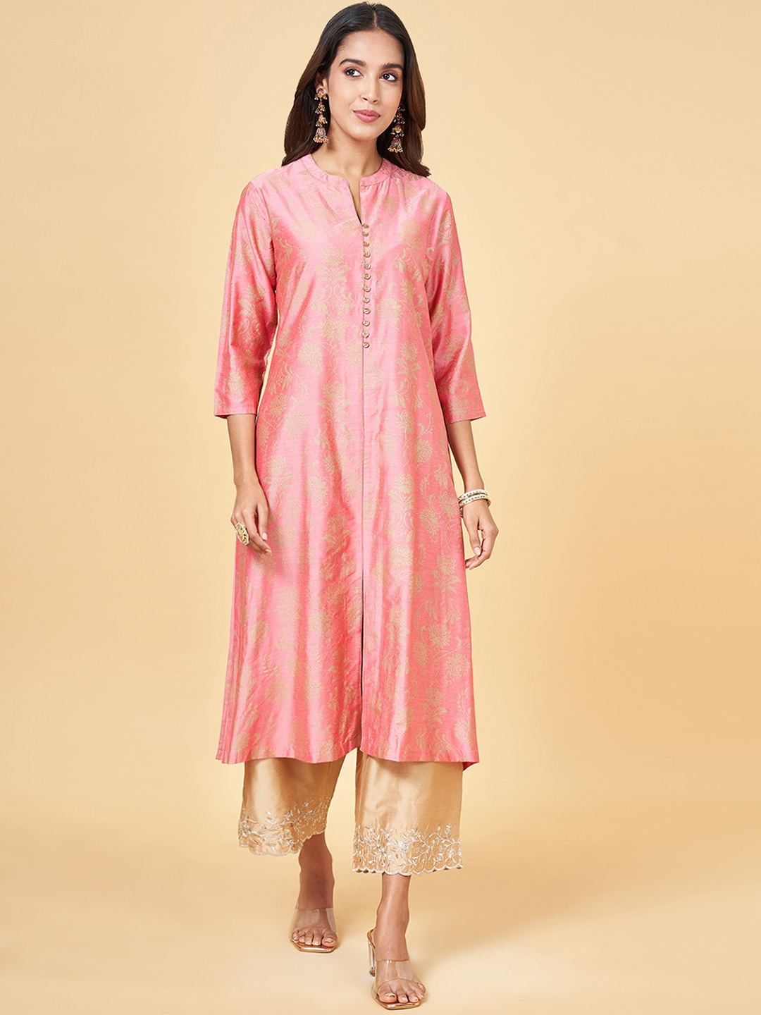 

RANGMANCH BY PANTALOONS Floral Printed Band Collar Straight Kurta, Pink