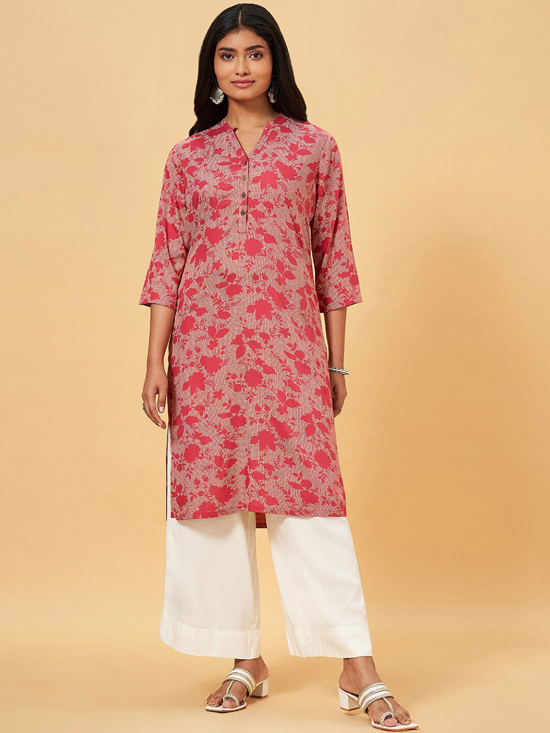 

RANGMANCH BY PANTALOONS Floral Printed Band Collar Straight Kurta, Pink