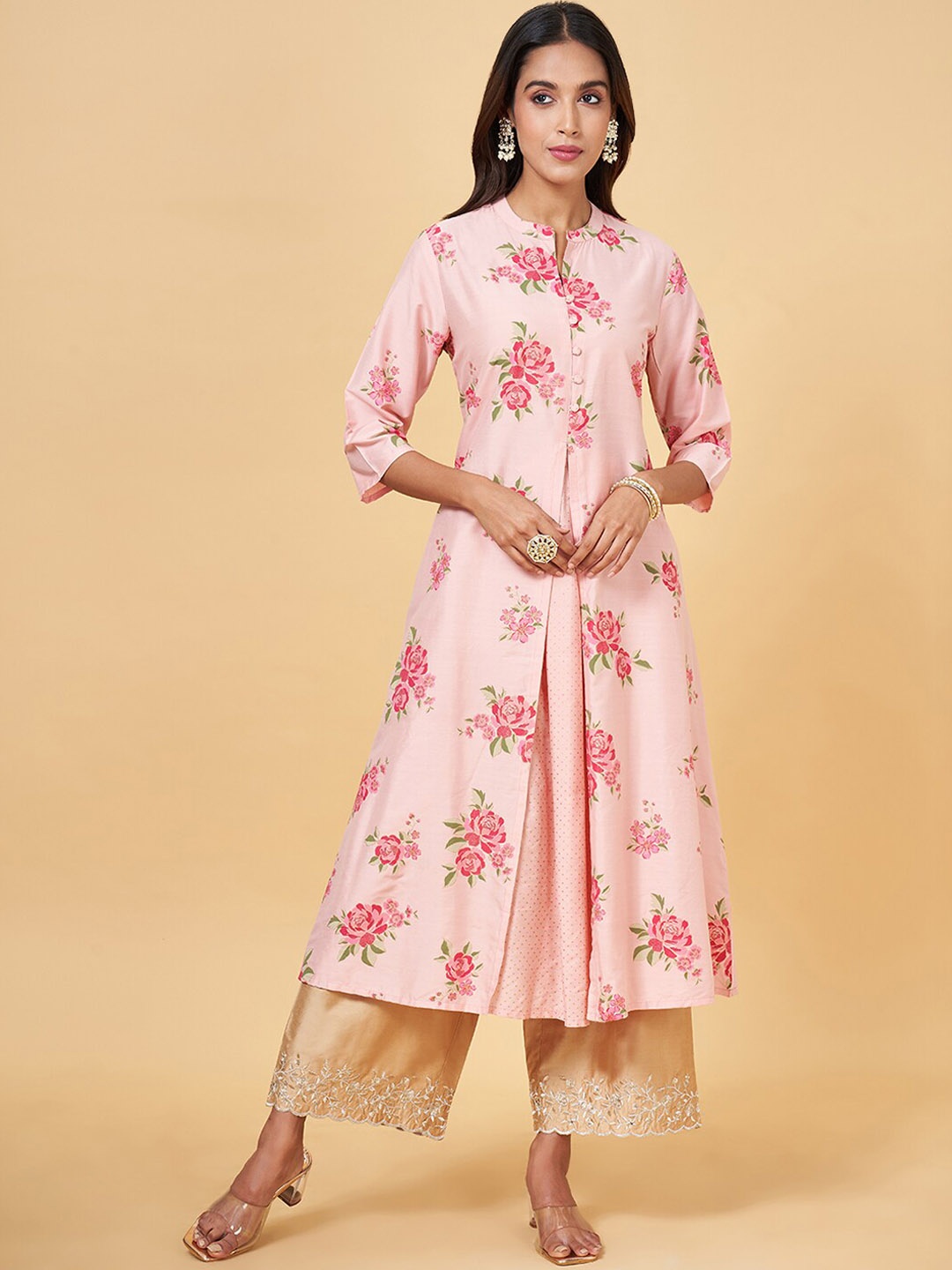 

RANGMANCH BY PANTALOONS Floral Printed Flared A Line Kurta, Pink