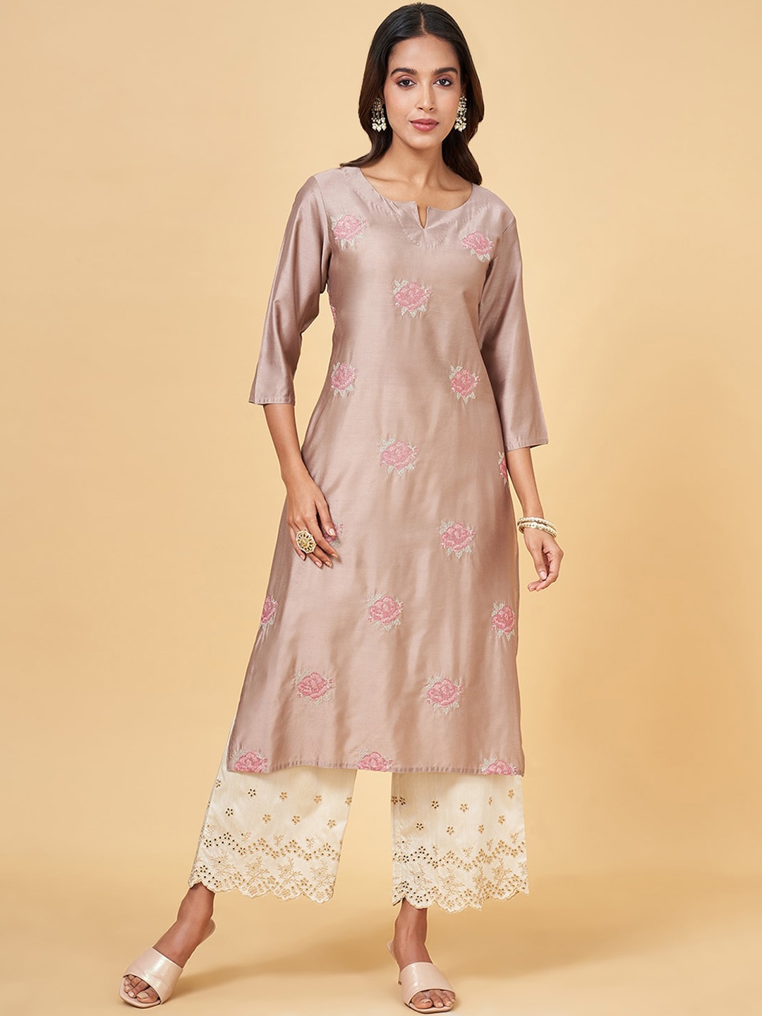 

RANGMANCH BY PANTALOONS Floral Embroidered Thread Work Straight A-Line Kurta, Khaki
