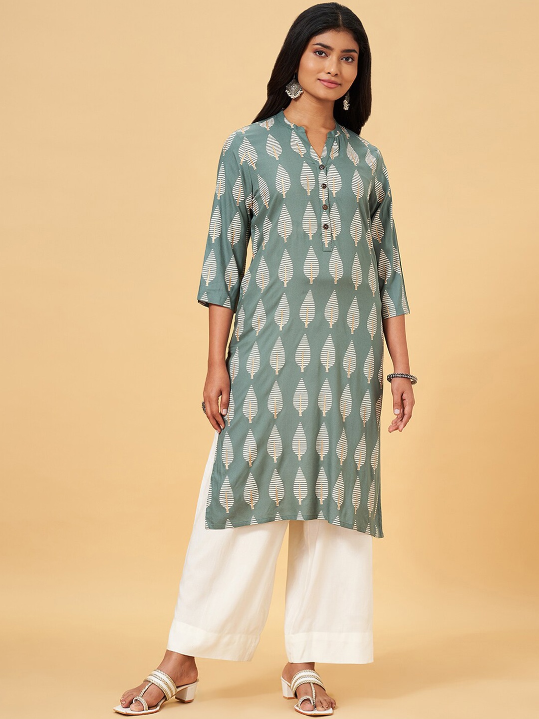 

RANGMANCH BY PANTALOONS Band Collar Printed Kurta, Green