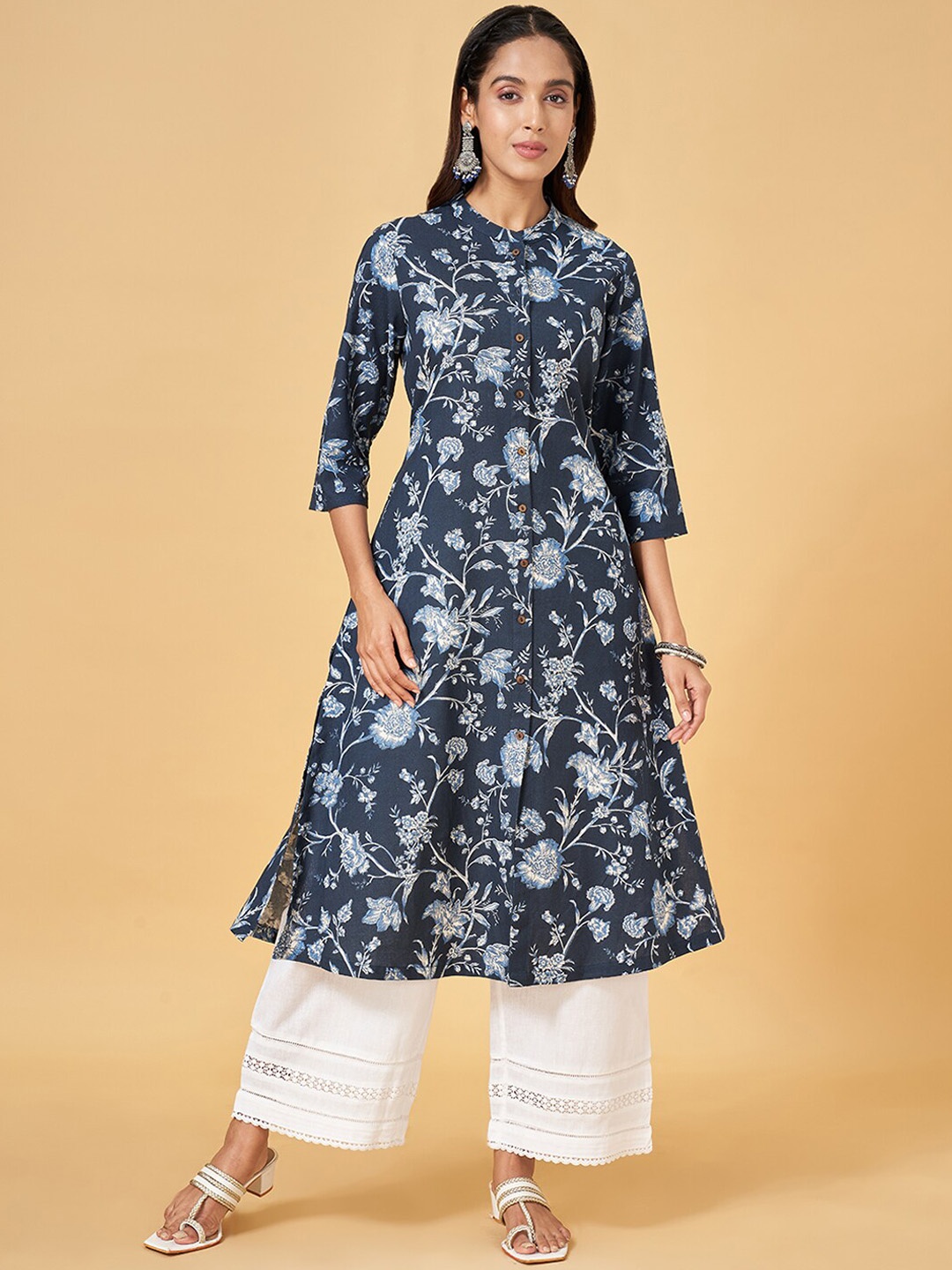 

RANGMANCH BY PANTALOONS Mandarin Collar Printed Cotton Anarkali Kurta, Navy blue