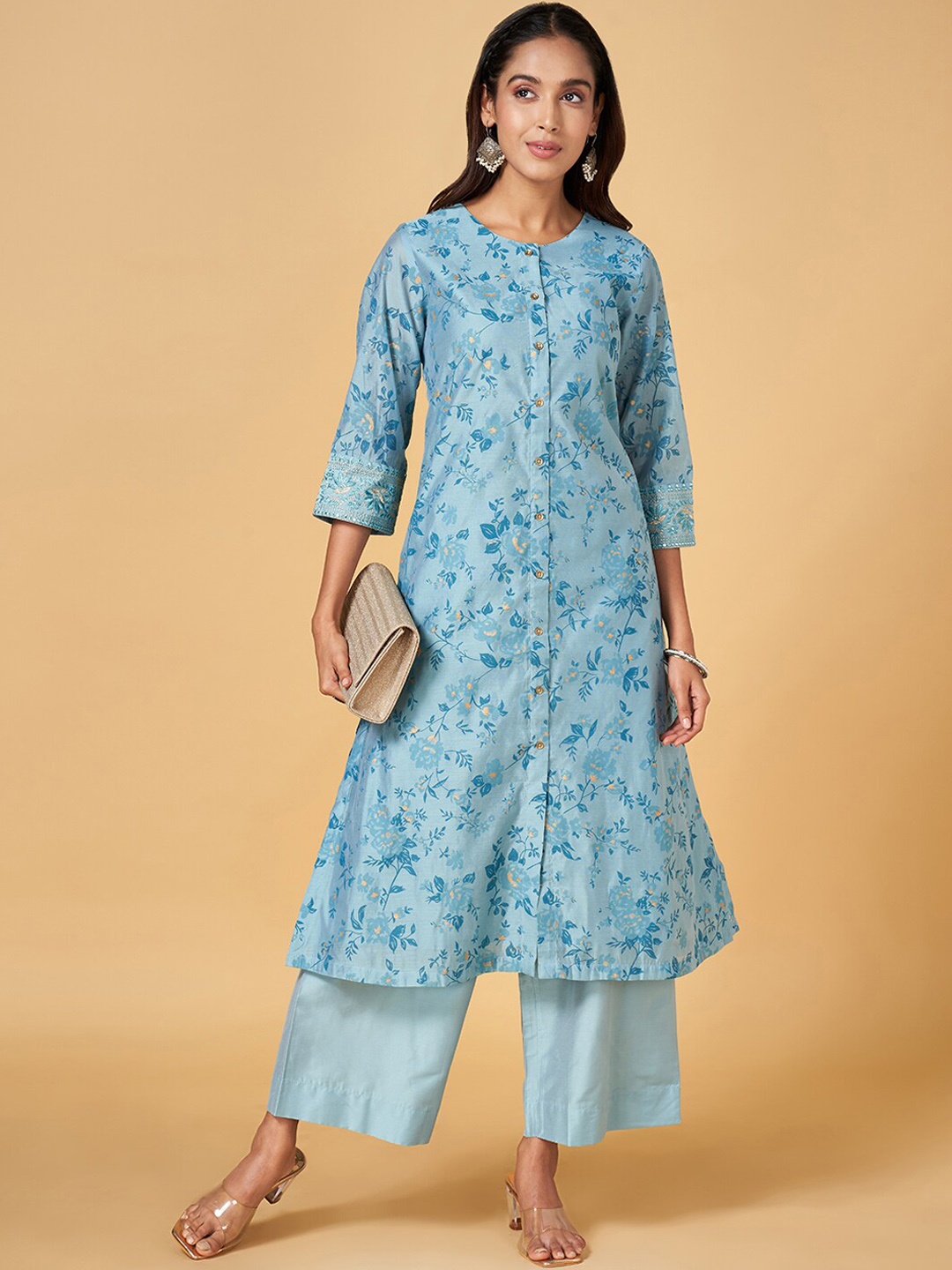 

RANGMANCH BY PANTALOONS Floral Round Neck Three-Quarter Sleeves Pure Cotton Kurta Set, Blue