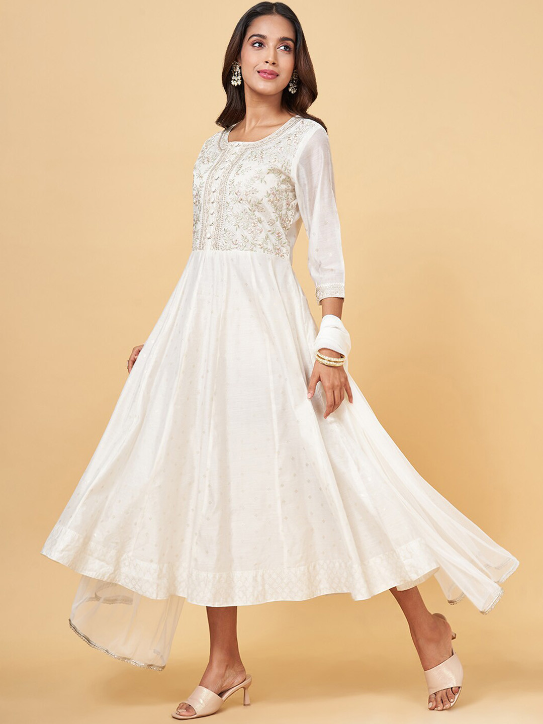 

RANGMANCH BY PANTALOONS Floral Embroidered Flared Midi Ethnic Dress With Dupatta, Off white