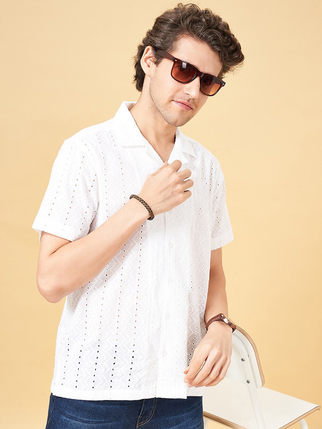 

YU by Pantaloons Cuban Collar Short Sleeves Printed Cotton Casual Shirt, White