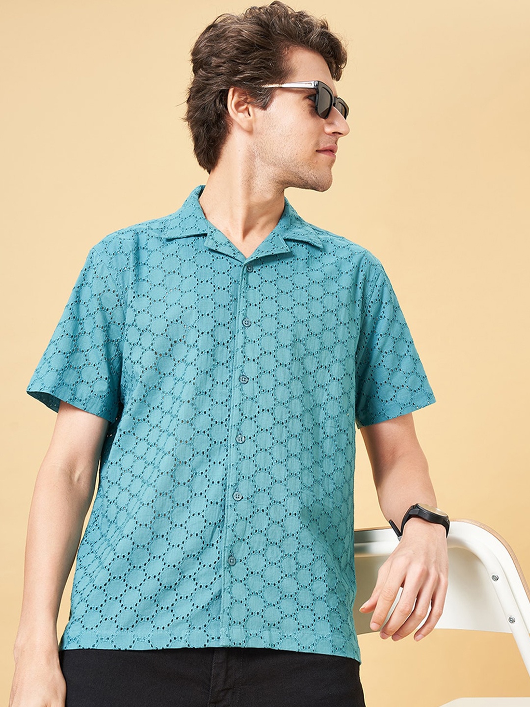 

YU by Pantaloons Cuban Collar Short Sleeves Printed Casual Shirt, Blue