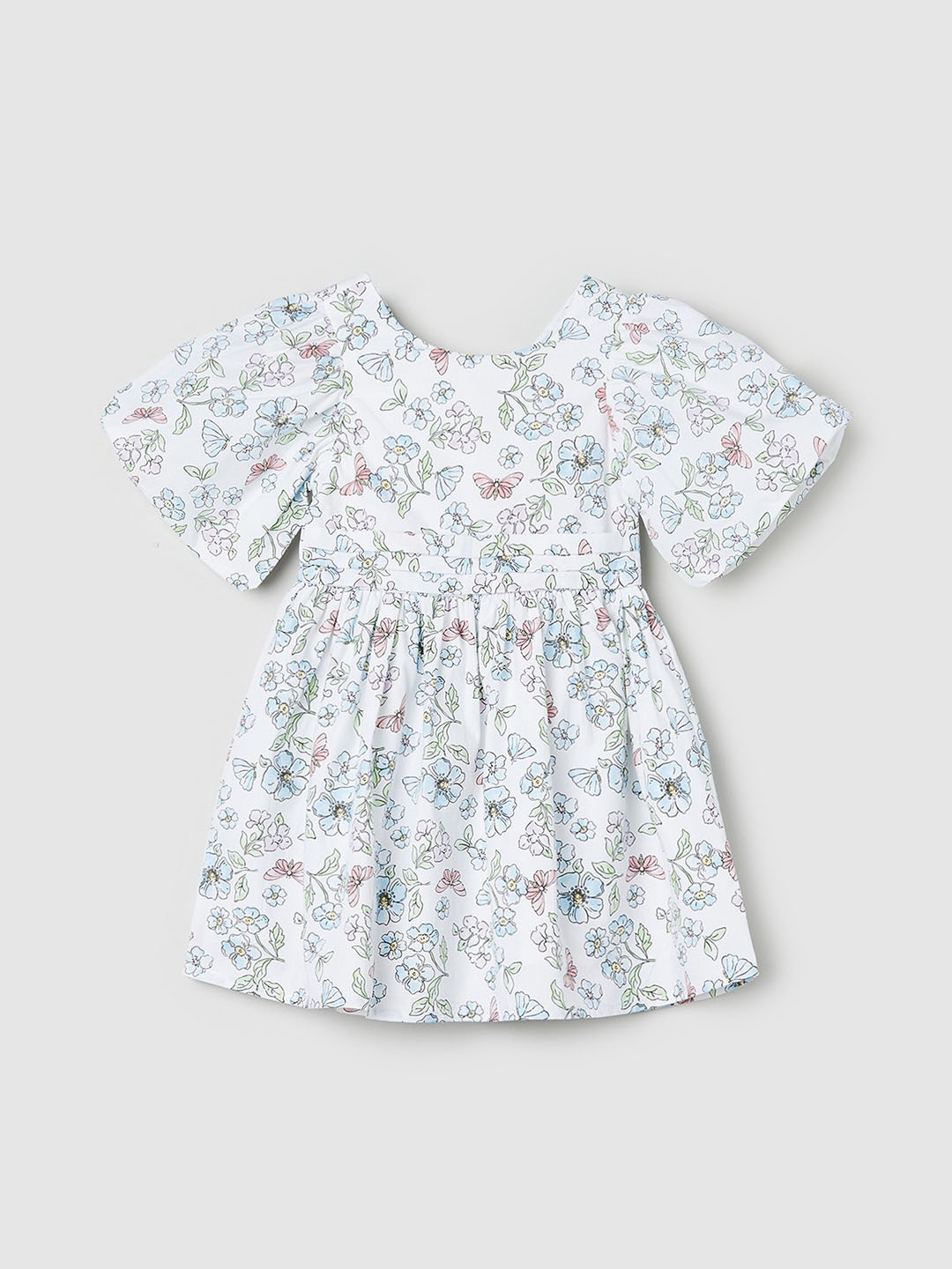 max Girls Floral Printed Cotton Flared Sleeve Fit & Flare Dress, White