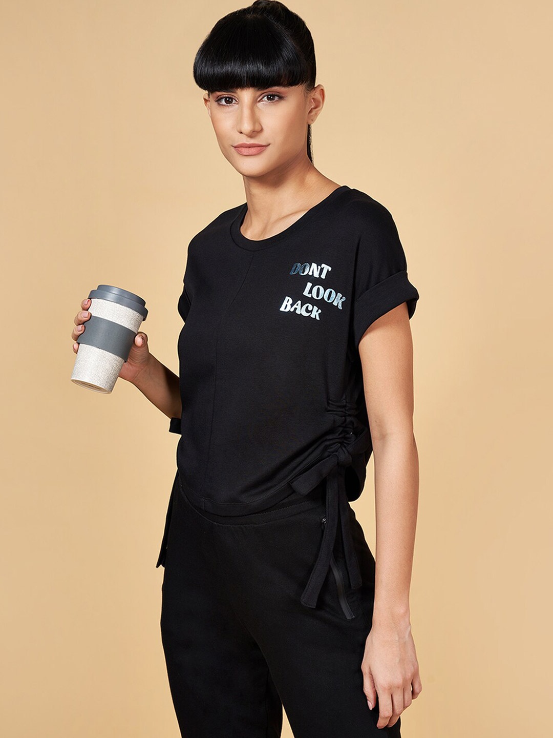 

Ajile by Pantaloons Typography Printed Round Neck Cotton Top, Black