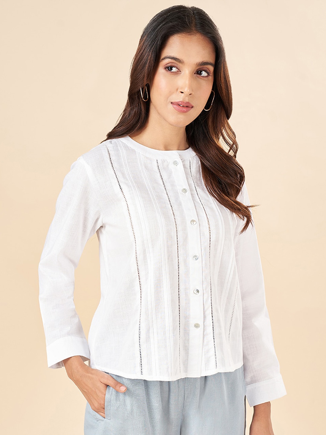 

AKKRITI BY PANTALOONS Round Neck Cotton Shirt Style Top, Off white