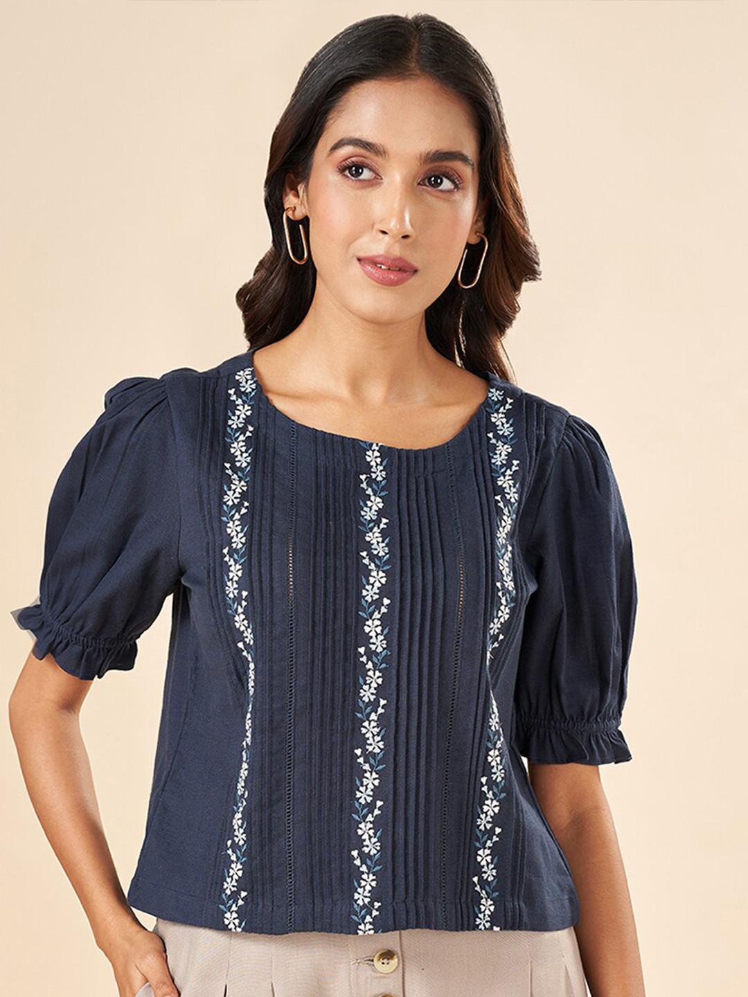 

AKKRITI BY PANTALOONS Embellished Puff Sleeve Cotton Top, Blue