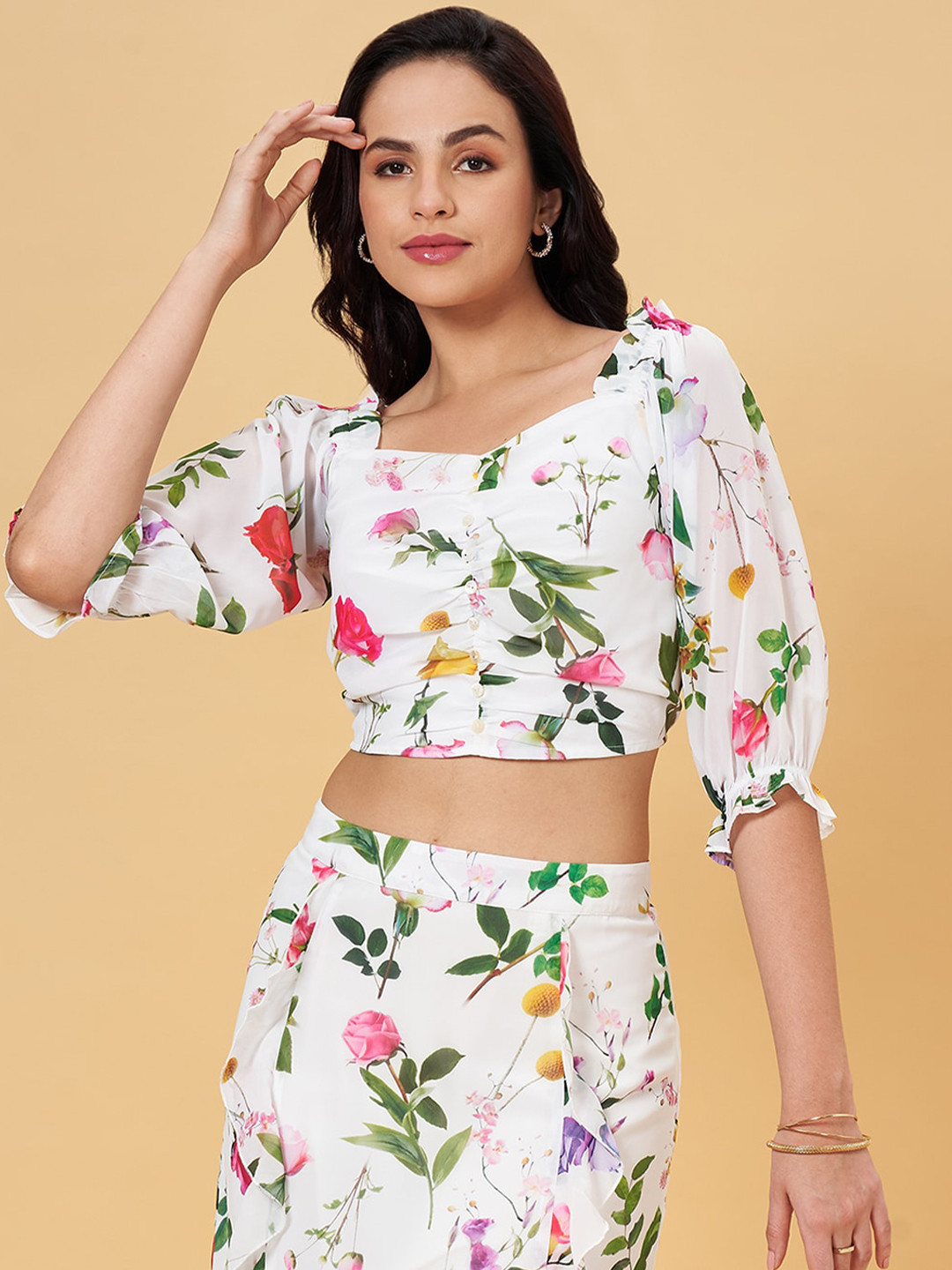 

Honey by Pantaloons Floral Printed Puff Sleeve Blouson Crop Top, White