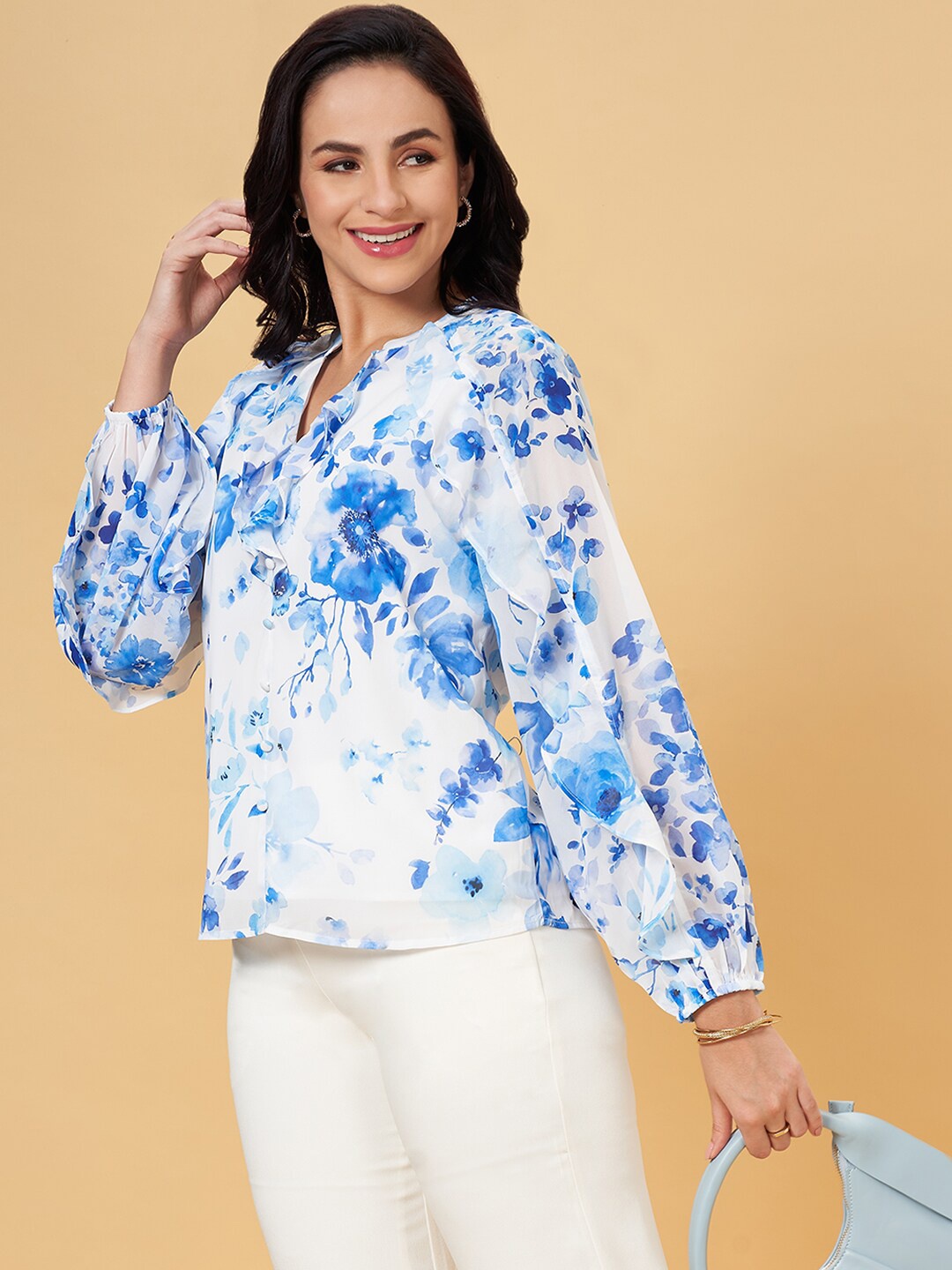 Honey by Pantaloons Floral Print Band Collar Ruffles Top, Blue