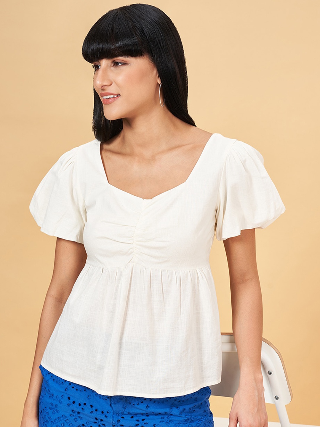 

Honey by Pantaloons Flutter Sleeve Cotton Empire Top, Off white