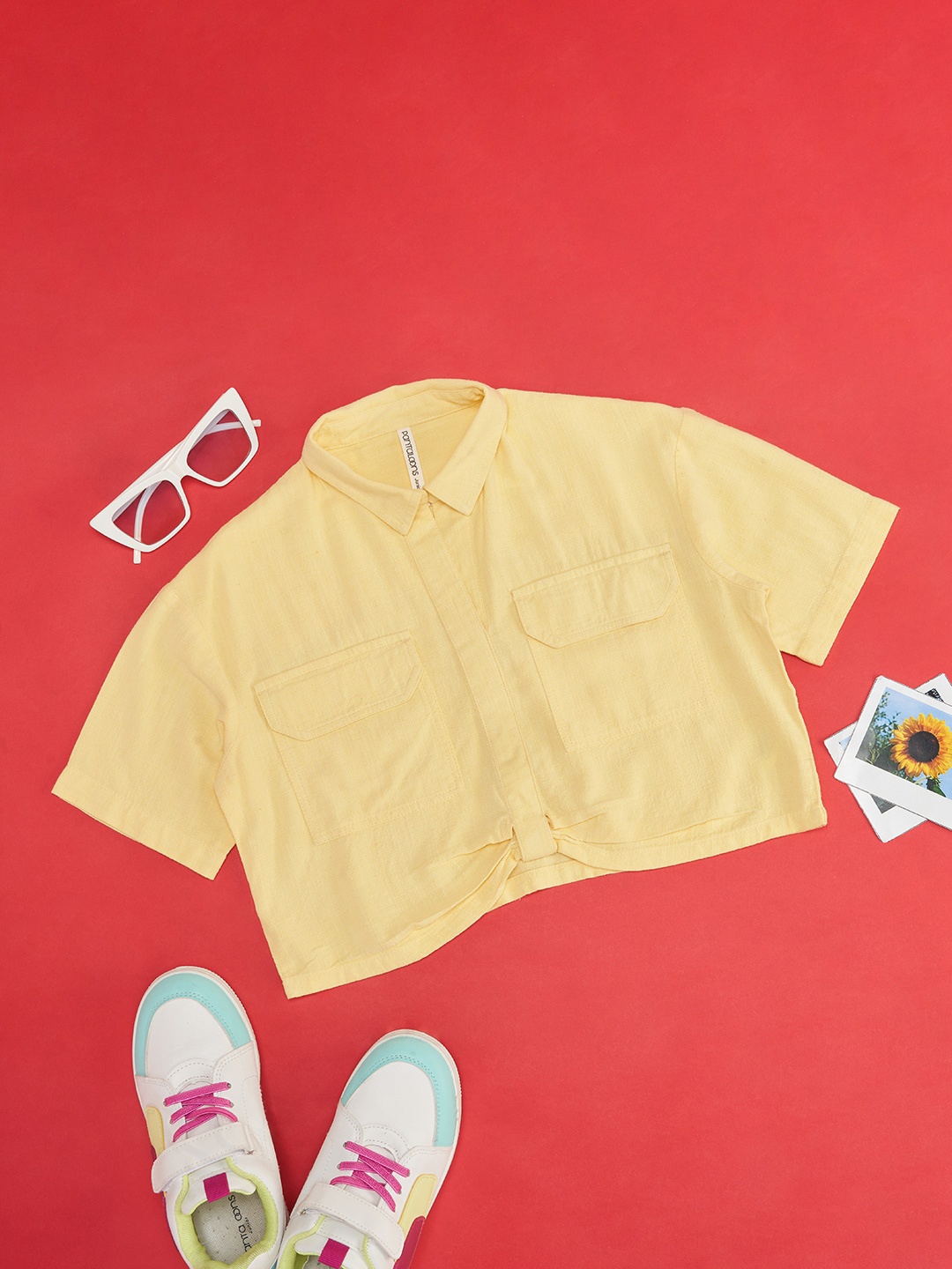 

Pantaloons Junior Girls Shirt Collar Boxy Top, Yellow