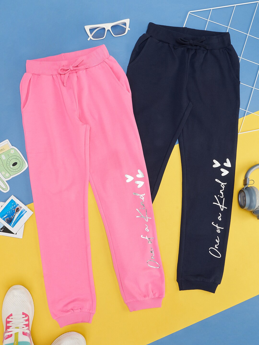 

YU by Pantaloons Girls Pack Of 2 Typography Printed Pure Cotton Joggers, Pink