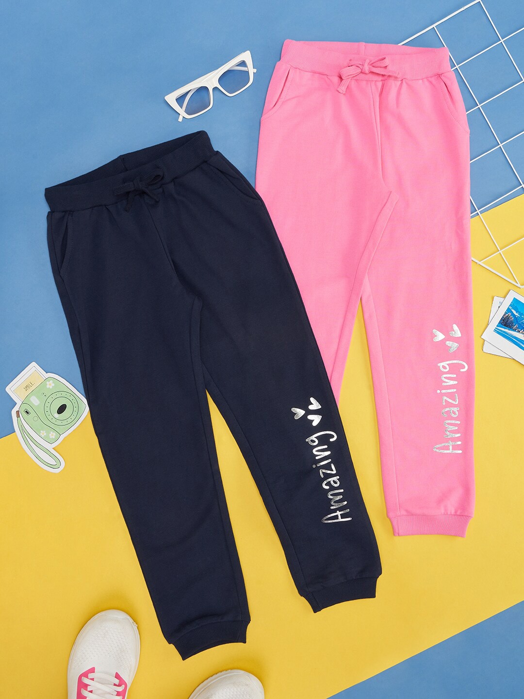 

YU by Pantaloons Girls Pack Of 2 Typography Printed Cotton Joggers, Pink