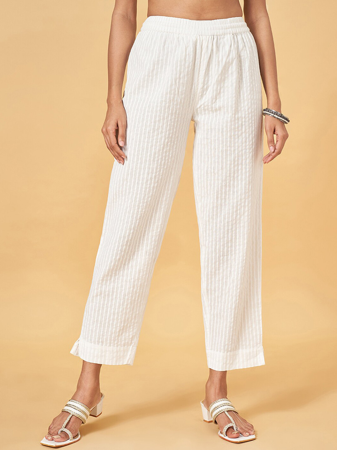 

RANGMANCH BY PANTALOONS Women Striped Straight Fit Cotton Trousers, Off white