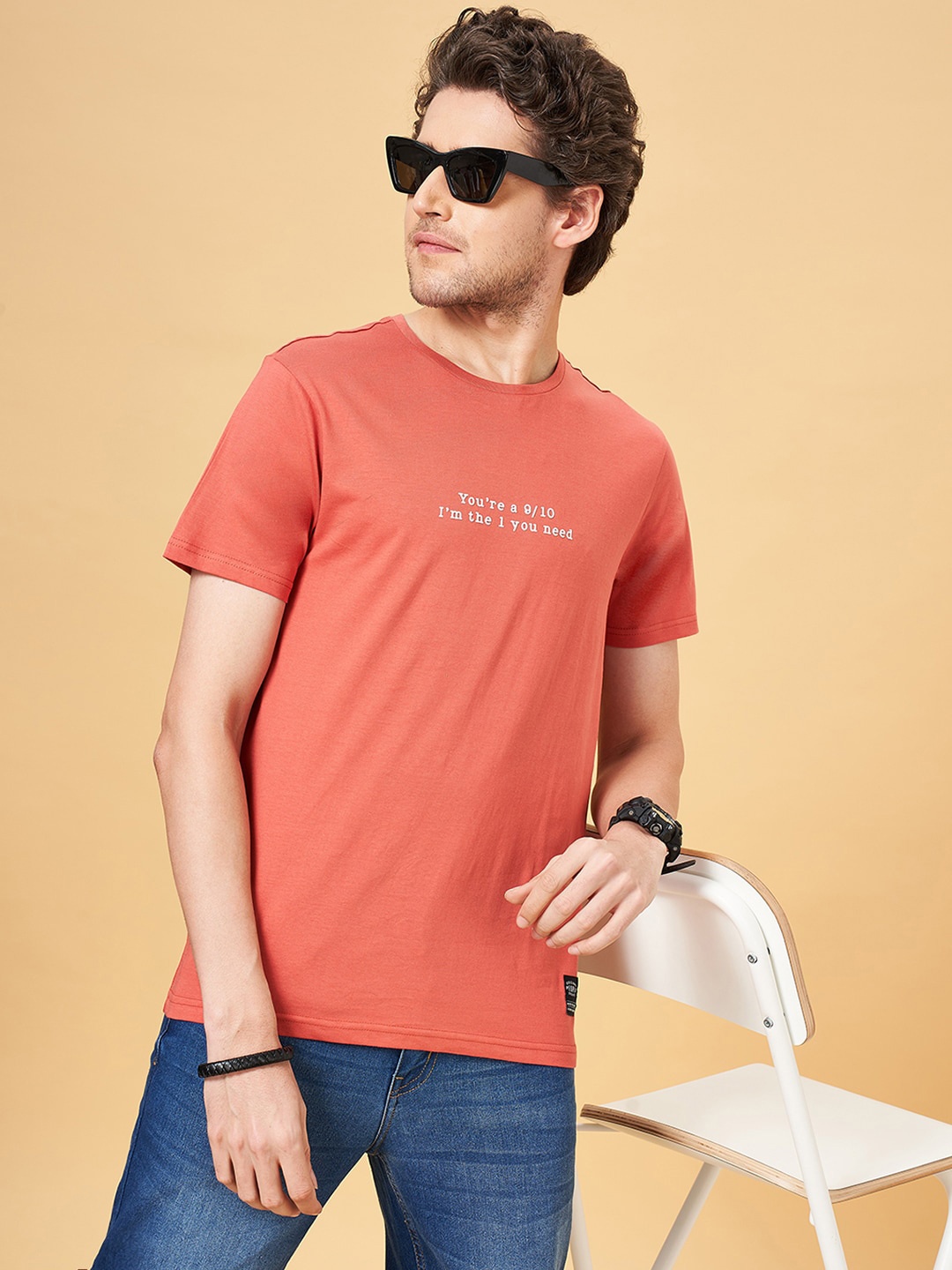 

People Tan Typography Printed Slim Fit Pure Cotton T-shirt
