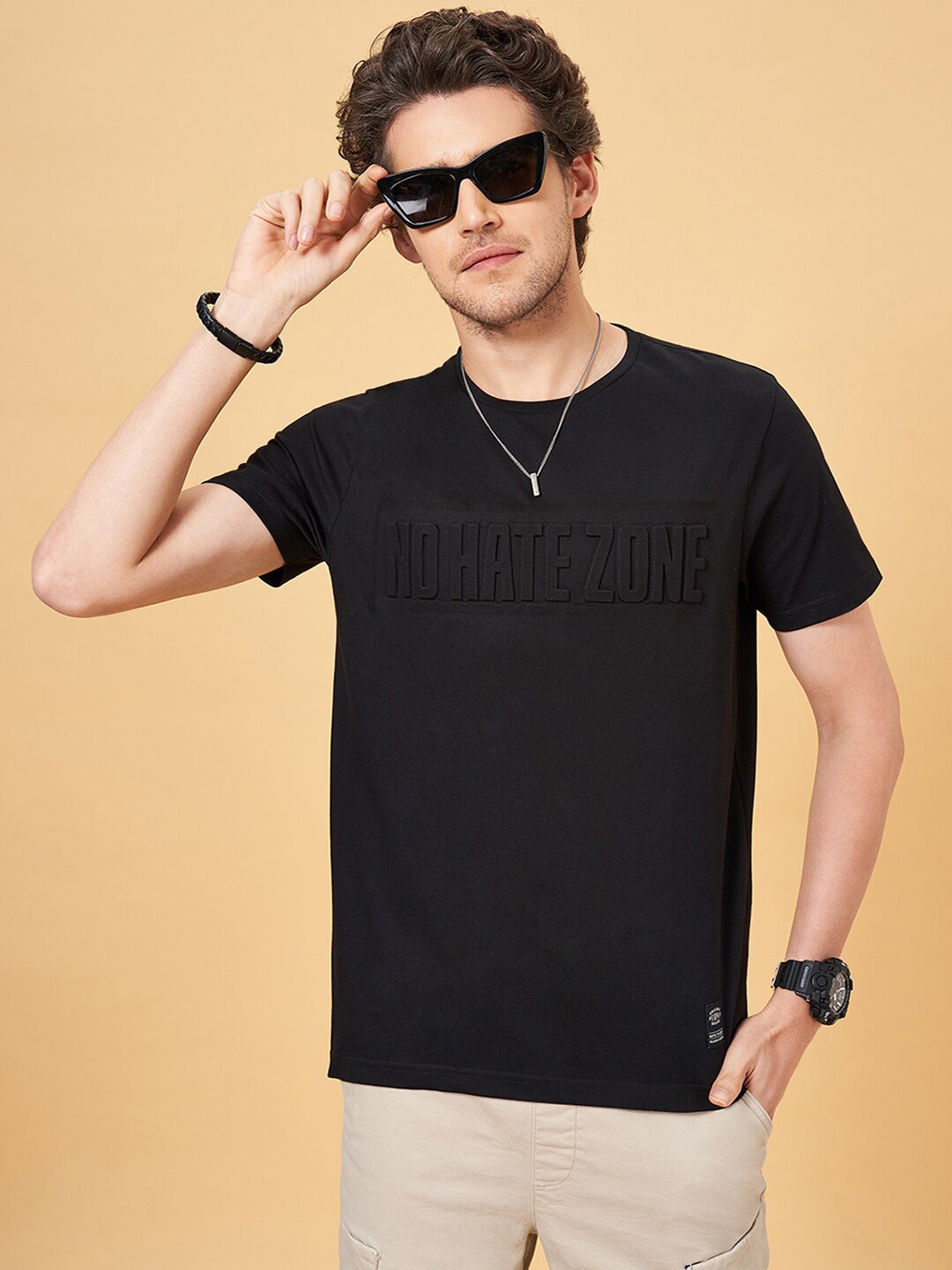 

People Black Typography Self Design Slim Fit Pure Cotton T-shirt