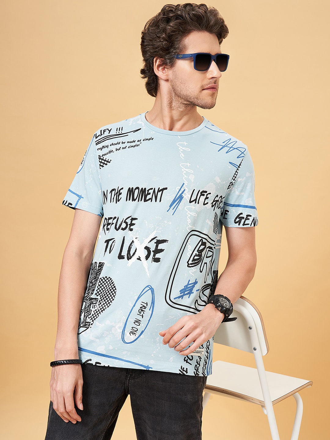 

People Blue Typography Printed Round Neck Pure Cotton T-shirt
