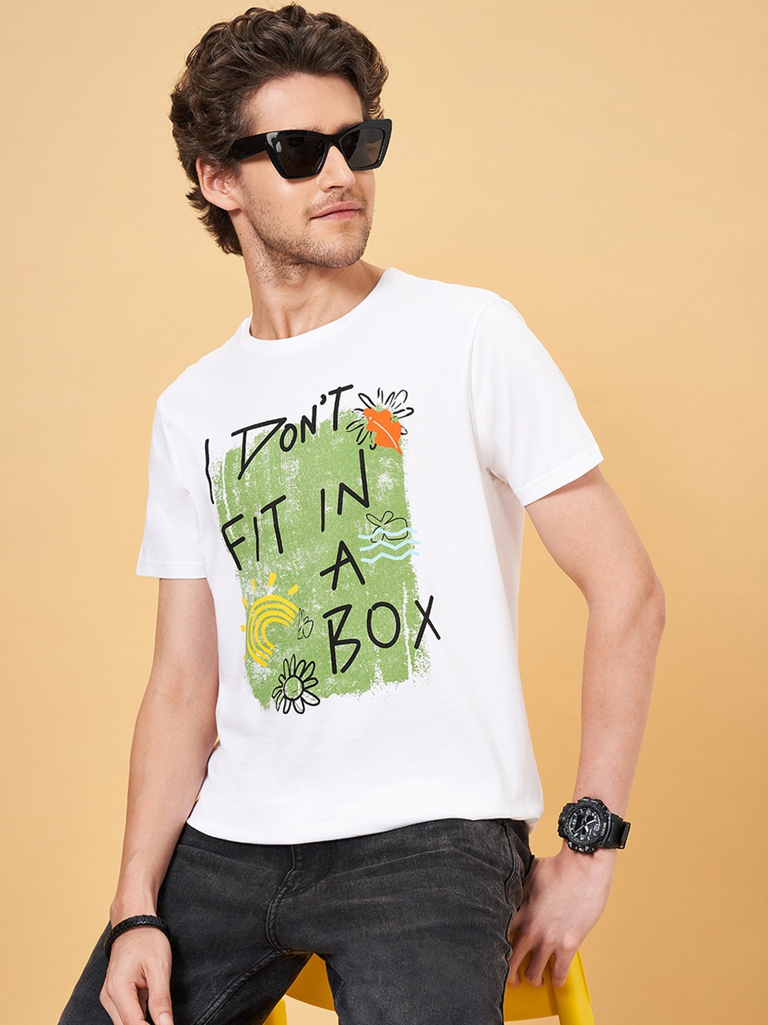 

People White & Green Typography Printed Slim Fit Pure Cotton T-shirt