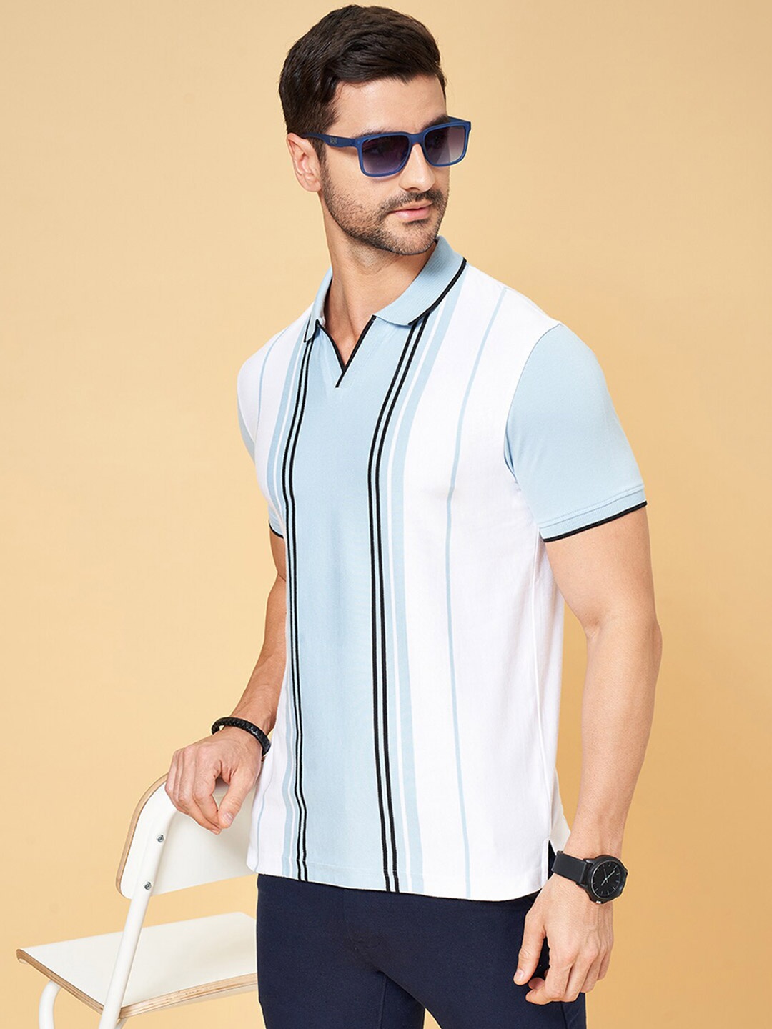 

BYFORD by Pantaloons Striped Printed Polo Collar Slim Fit Casual T-shirt, Blue