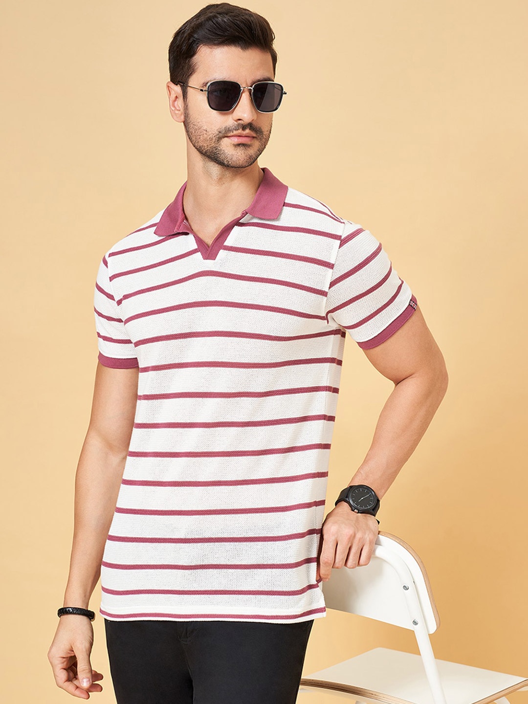 

BYFORD by Pantaloons Striped Polo Collar Pockets Slim Fit T-shirt, Beige