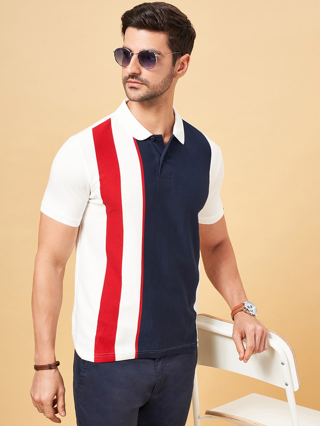 

BYFORD by Pantaloons Striped Printed Polo Collar Slim Fit Casual T-shirt, White