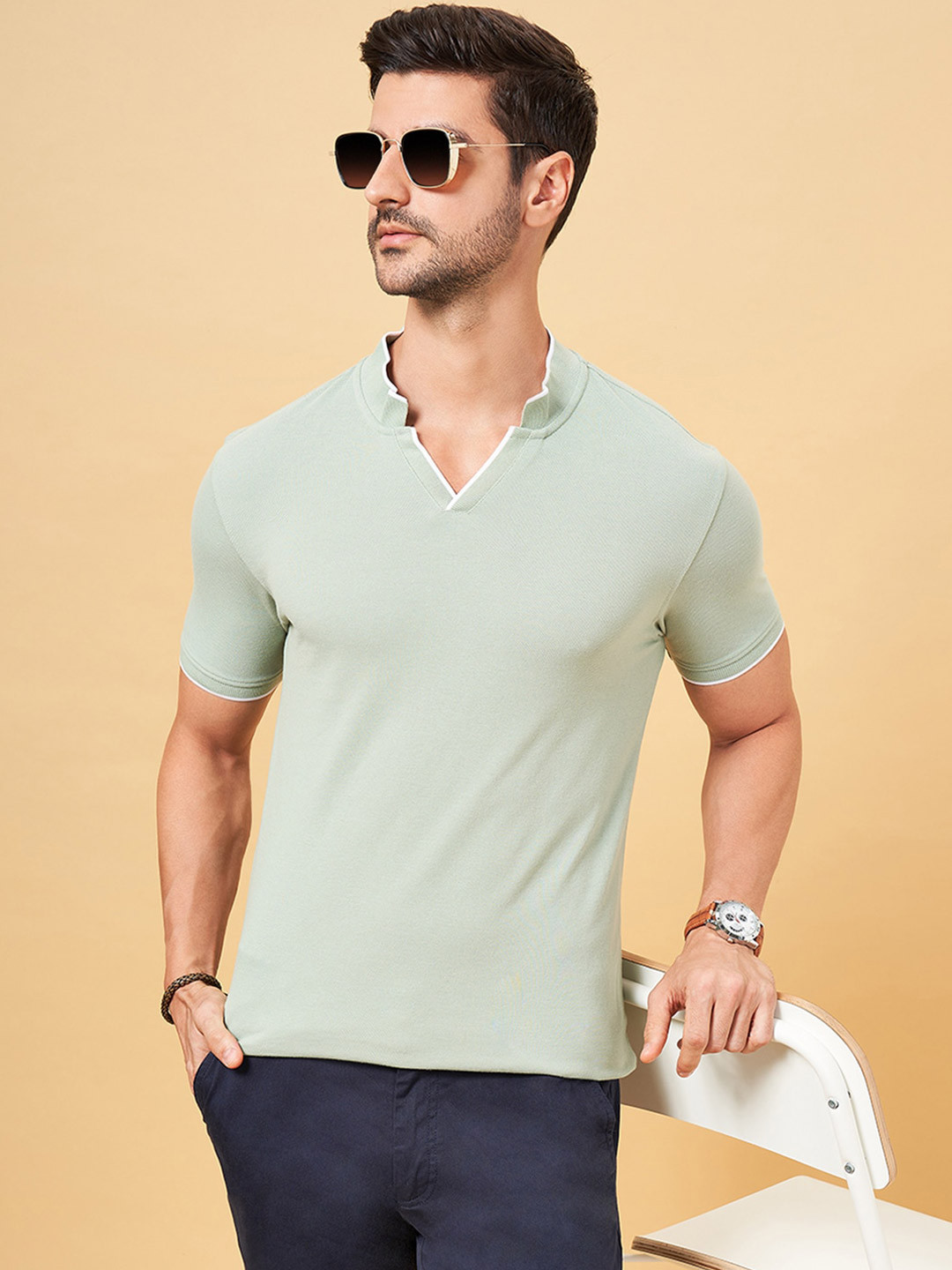 

BYFORD by Pantaloons Mandarin Collar Short Sleeves Slim Fit Casual T-shirt, Green