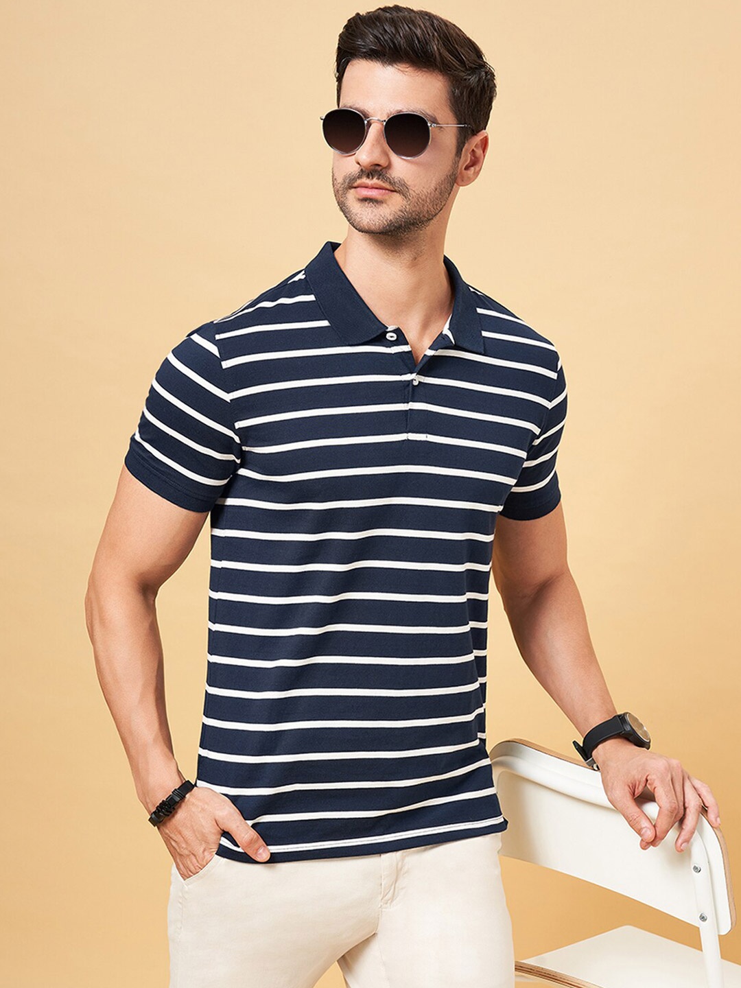 

BYFORD by Pantaloons Striped Polo Collar Pockets Slim Fit T-shirt, Navy blue