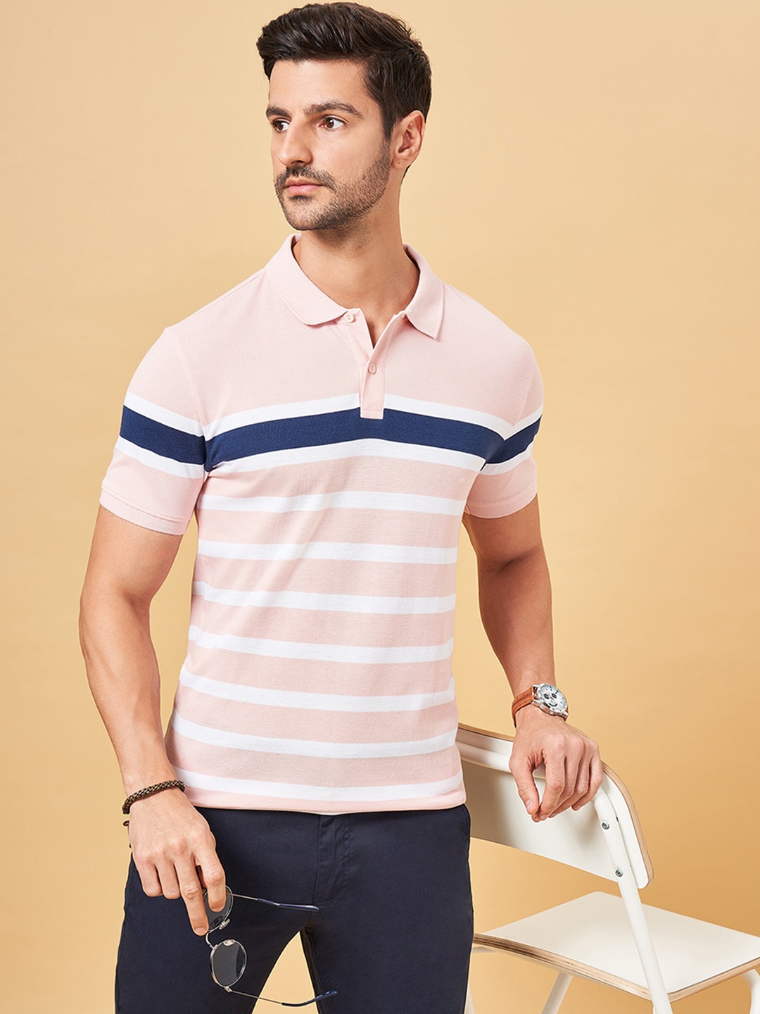 

BYFORD by Pantaloons Striped Polo Collar Slim Fit T-shirt, Pink