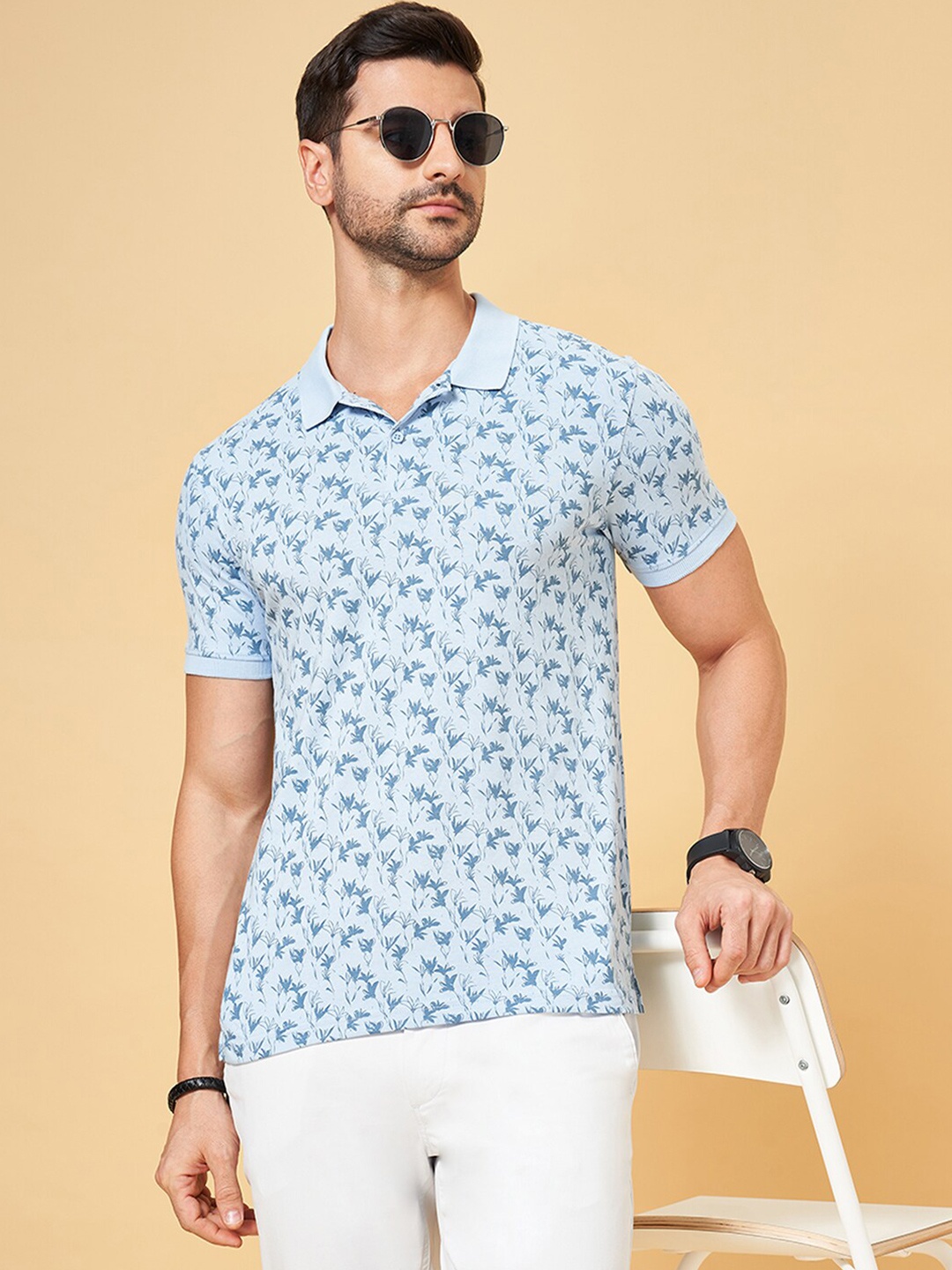 

BYFORD by Pantaloons Floral Printed Polo Collar Slim Fit Casual T-shirt, Blue