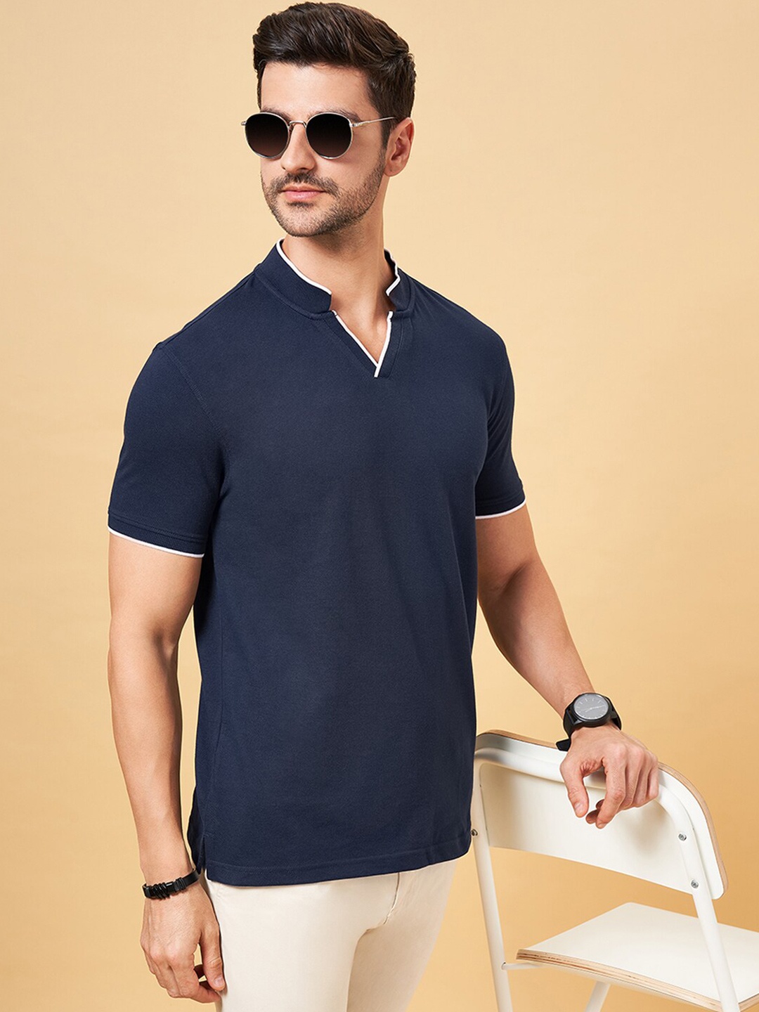 

BYFORD by Pantaloons Mandarin Collar Short Sleeves Slim Fit T-shirt, Navy blue