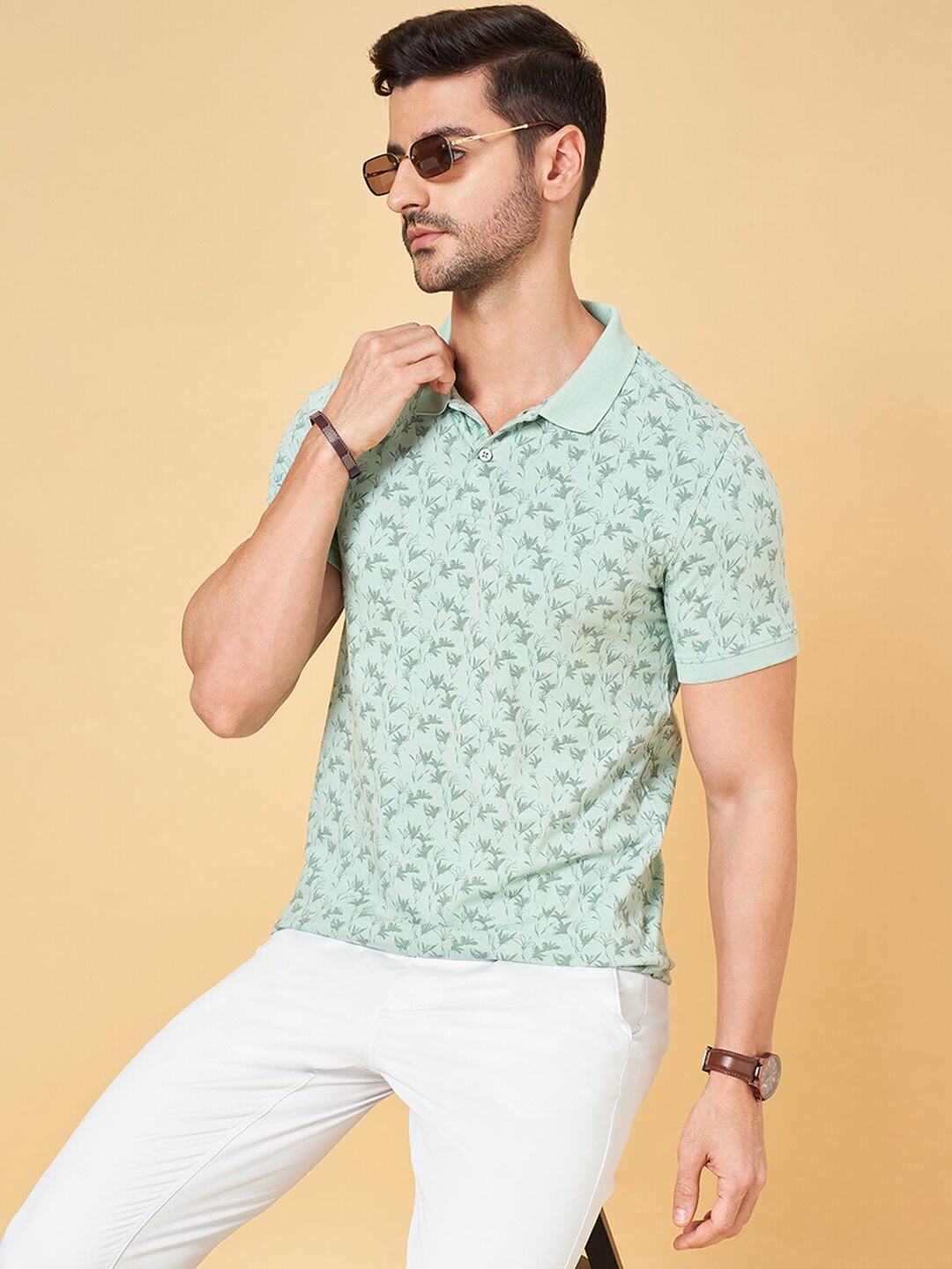 

BYFORD by Pantaloons Floral Printed Polo Collar Slim Fit T-shirt, Green