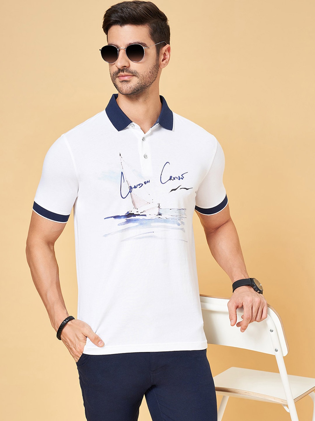 

BYFORD by Pantaloons Graphic Printed Polo Collar Cotton Slim Fit Casual T-shirt, White