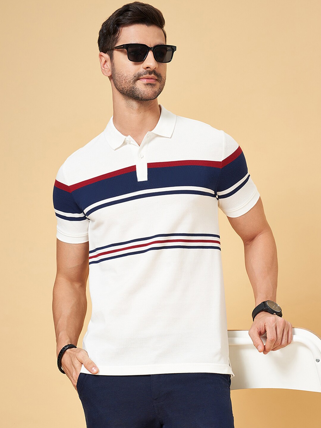 

BYFORD by Pantaloons Striped Polo Collar Slim Fit T-shirt, White