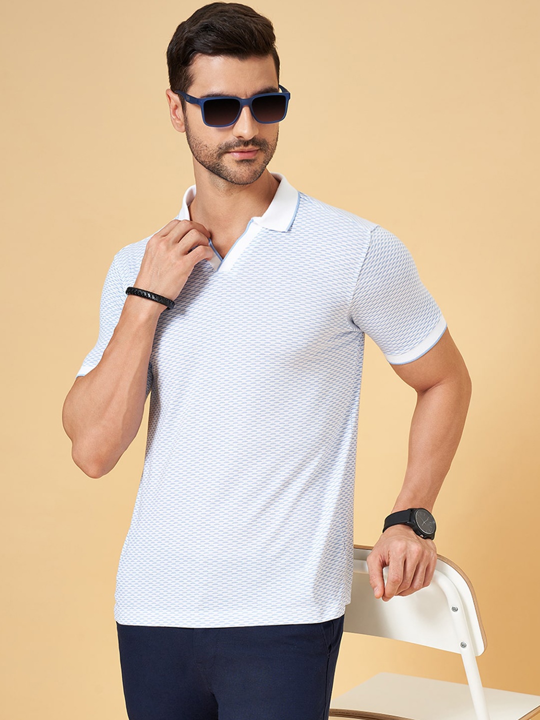 

BYFORD by Pantaloons Self Design Polo Collar Slim Fit T-shirt, Blue