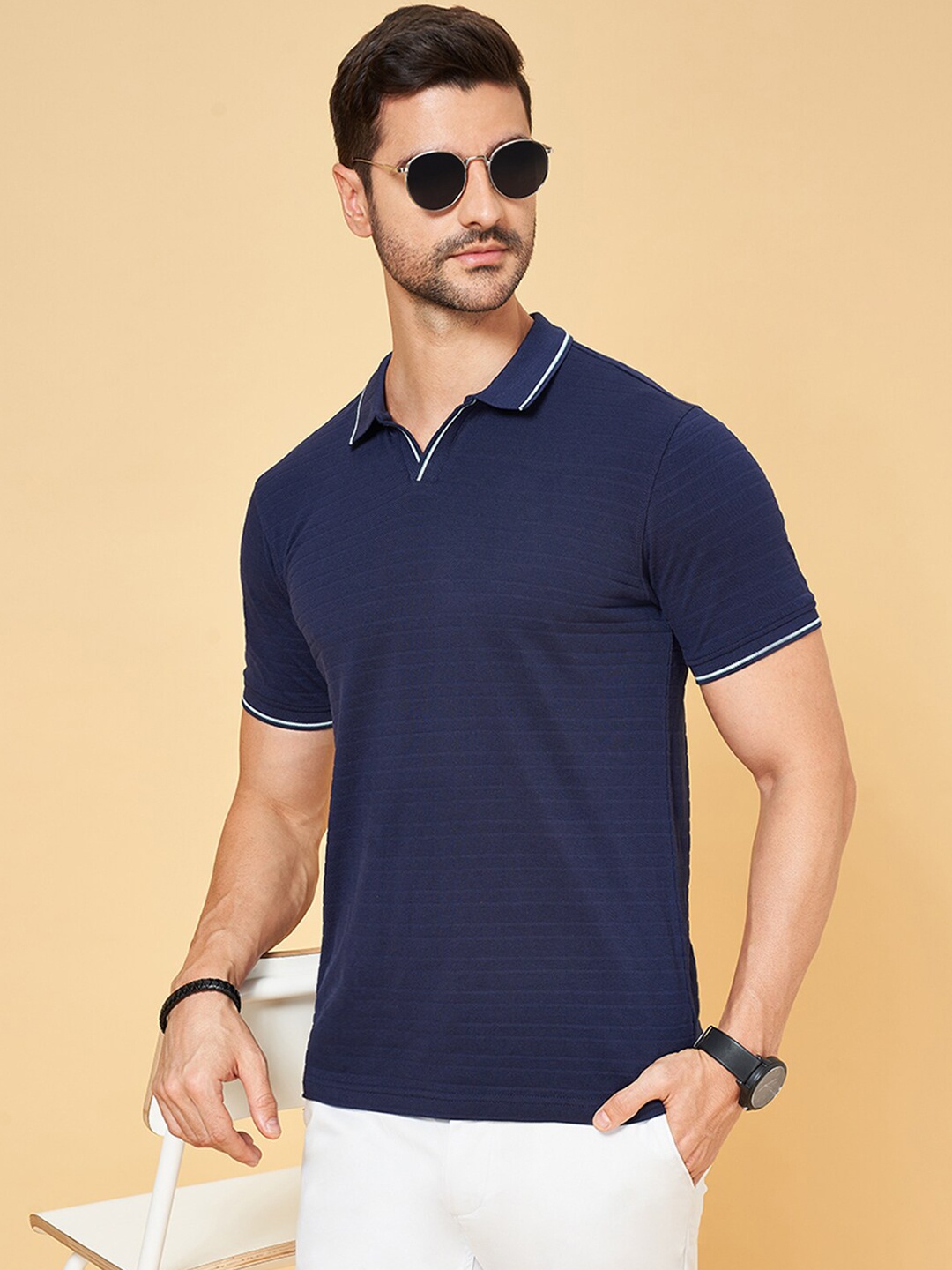 

BYFORD by Pantaloons Self Design Polo Collar Slim Fit Casual T-shirt, Navy blue
