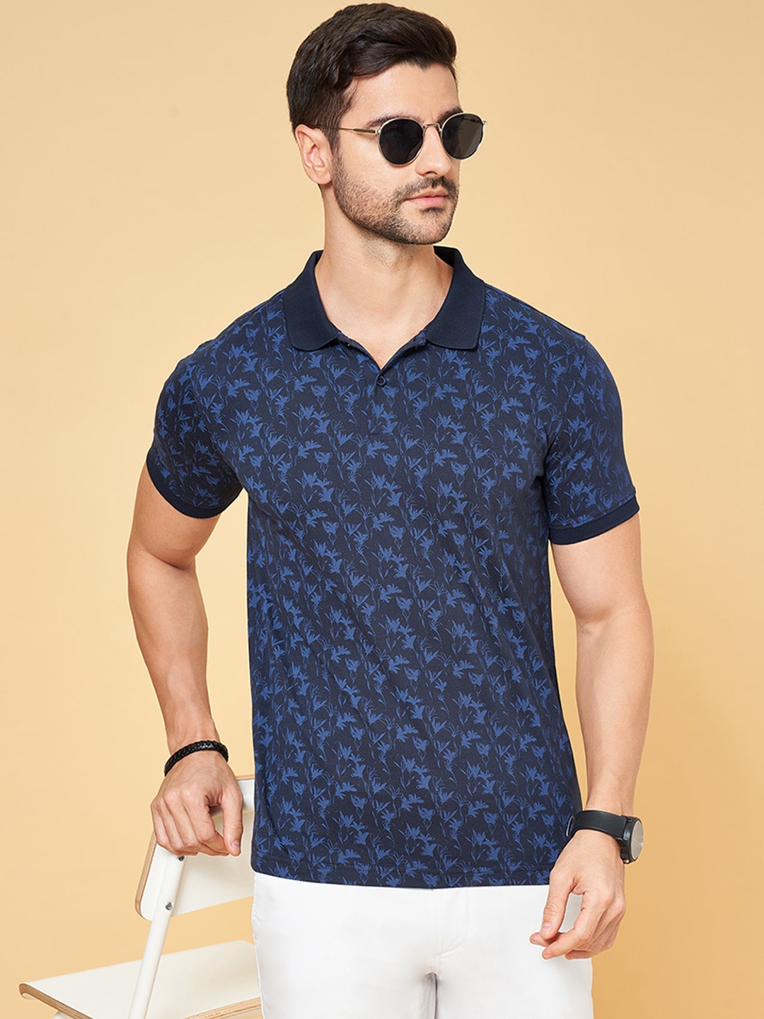 BYFORD by Pantaloons Printed Polo Collar Pockets Slim Fit T-shirt, Navy blue