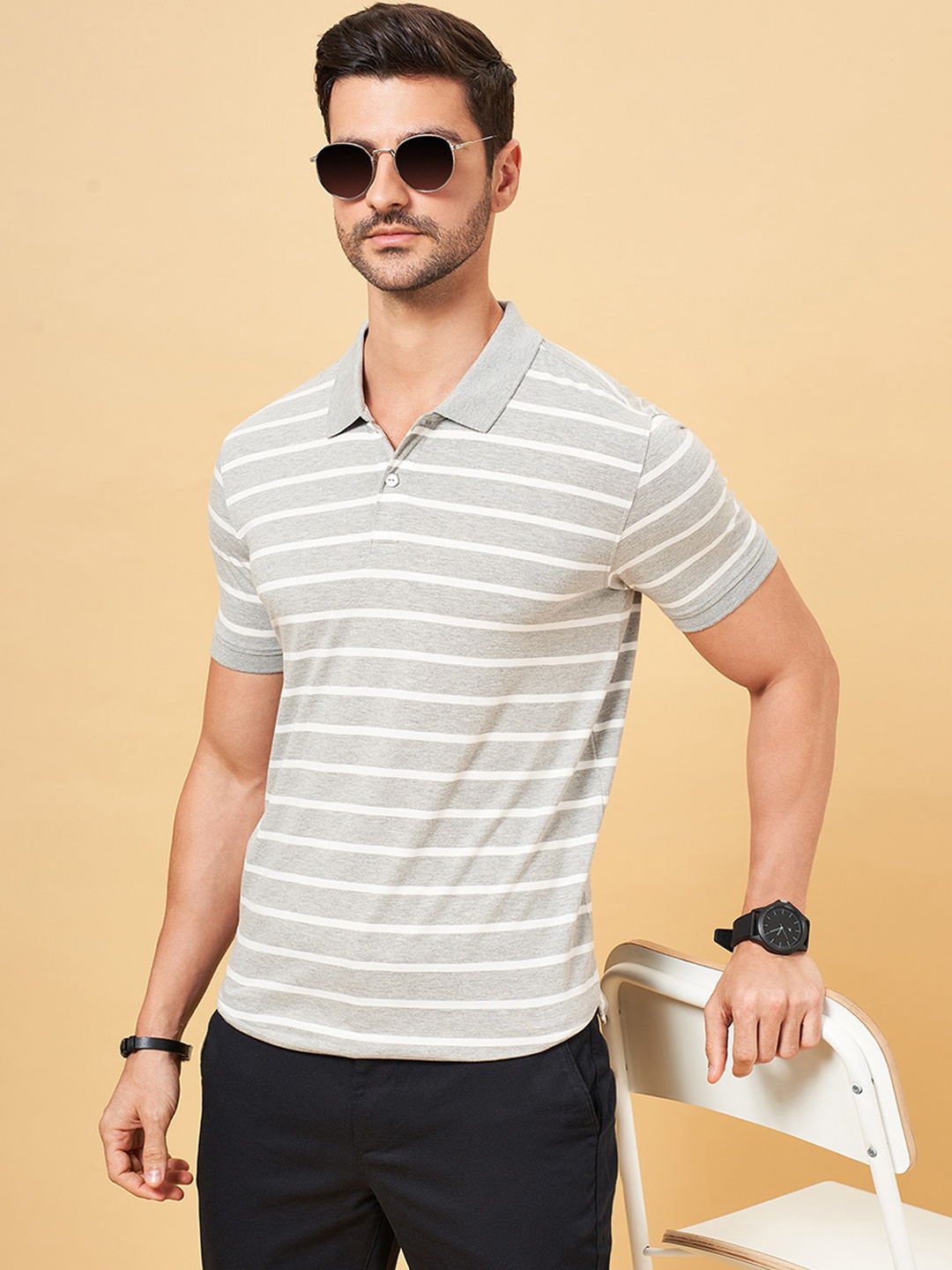 

BYFORD by Pantaloons Striped Polo Collar Pockets Slim Fit T-shirt, Grey