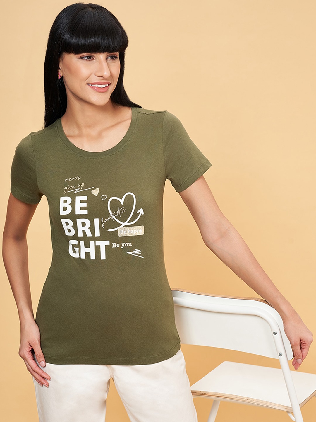 

Honey by Pantaloons Typography Printed Cotton T-shirt, Olive