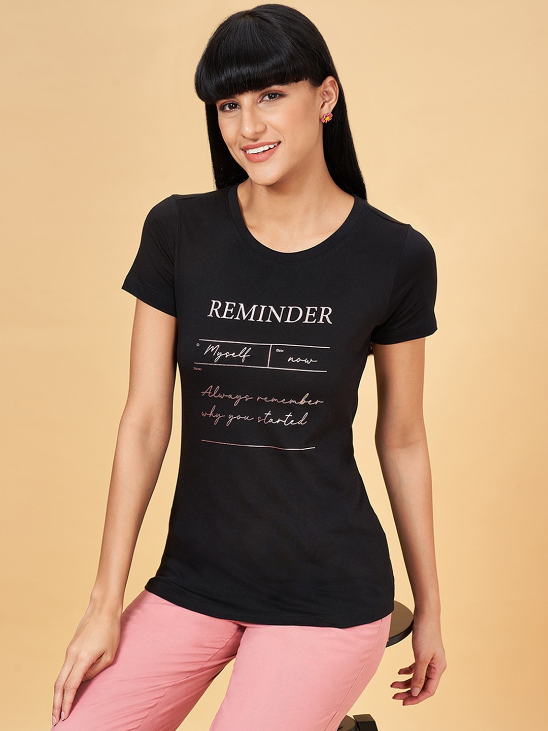 

Honey by Pantaloons Typography Printed Cotton T-shirt, Black