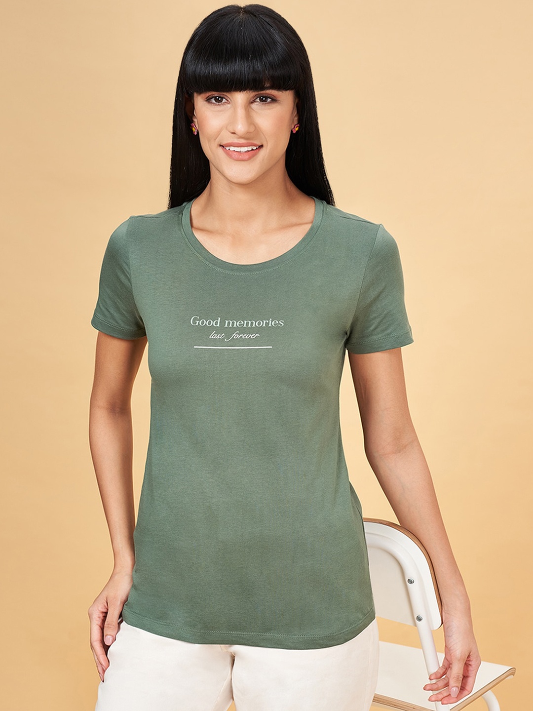 

Honey by Pantaloons Typography Printed Round Neck Cotton T-shirt, Olive