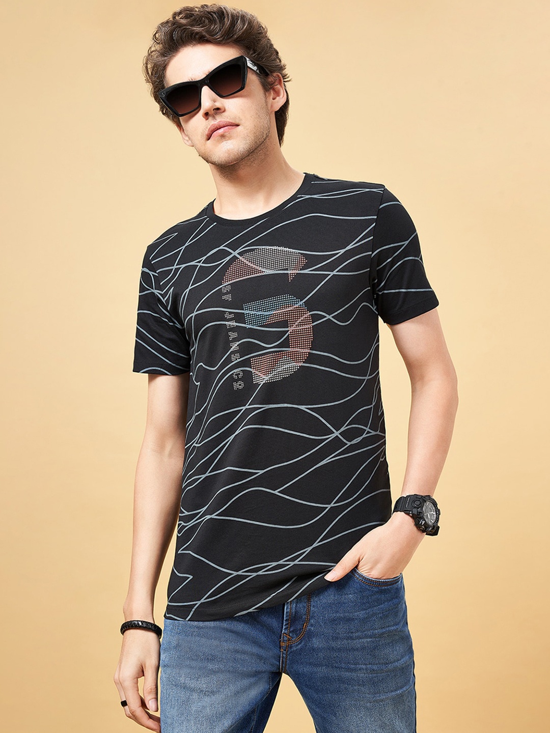SF JEANS by Pantaloons Abstarct Printed Slim Fit Pure Cotton T-shirt, Black